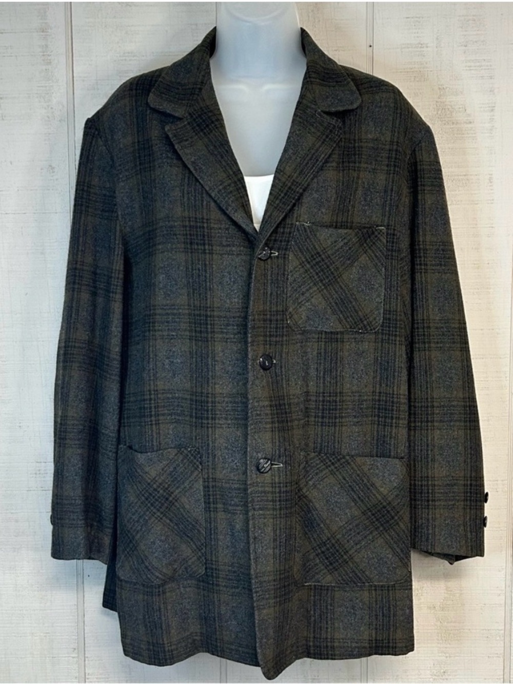Vintage Green Gray Plaid Wool Utility Jacket Chore Coat